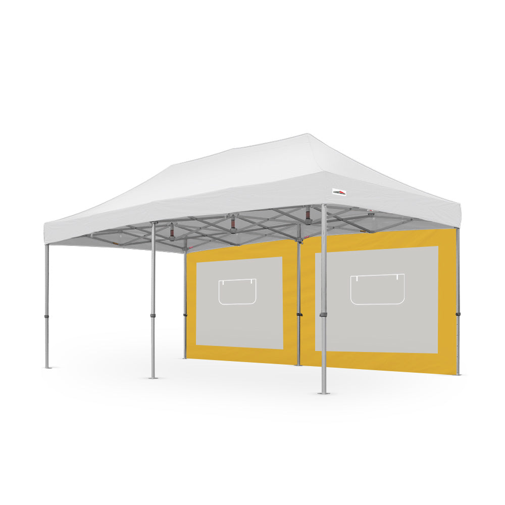 20' canopy service window wall in yellow with zippered window, made from durable 500D PVC-coated polyester