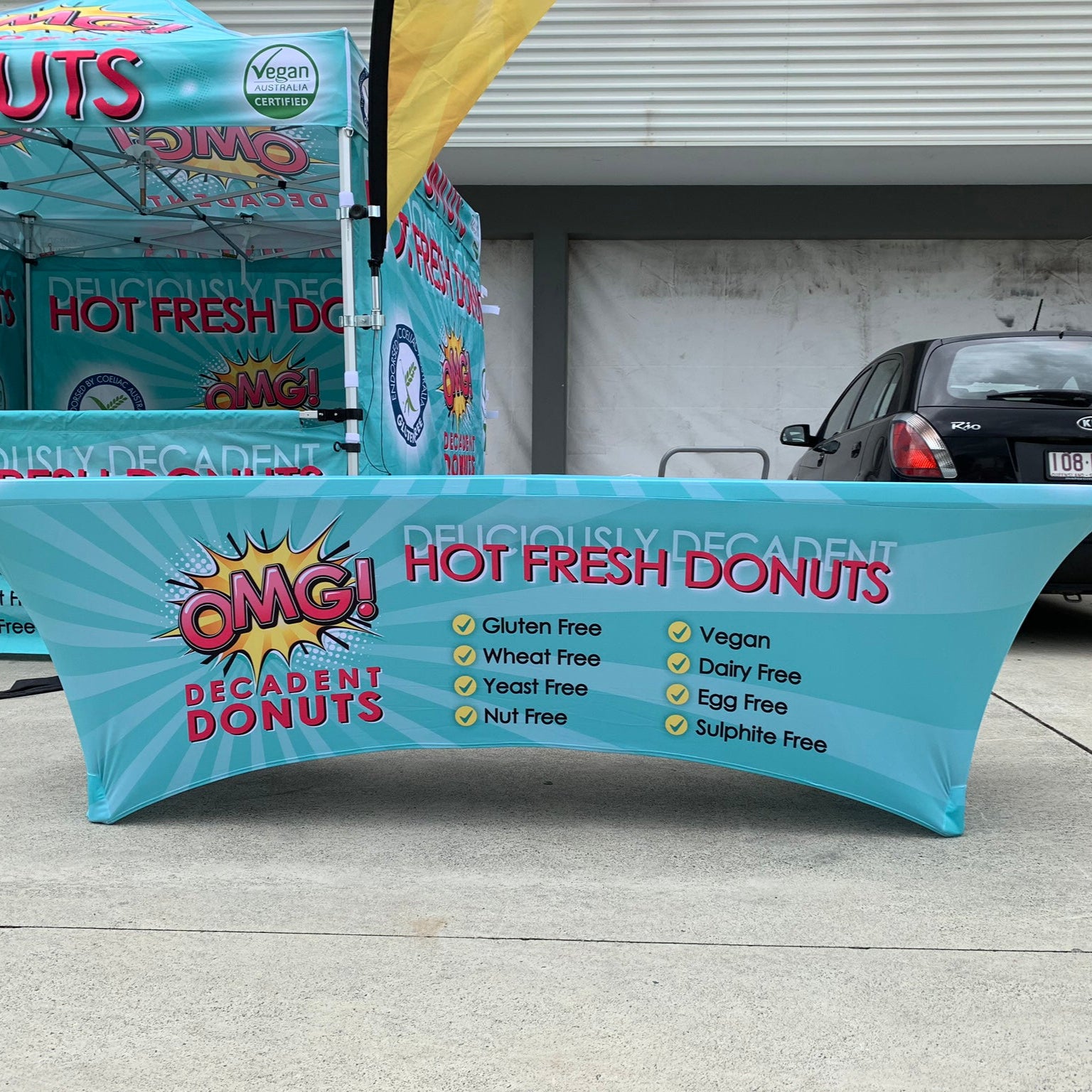 Custom Printed Stretch Table Cover for Hot Fresh Donuts