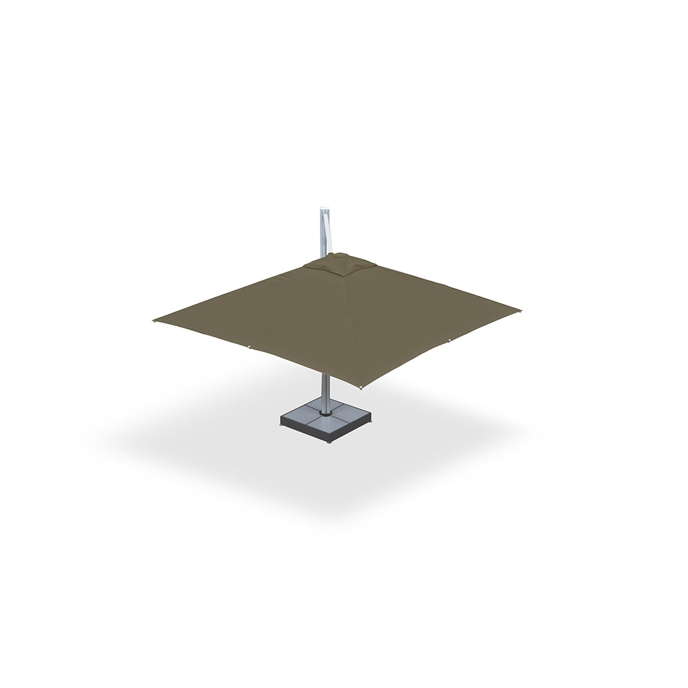 Beige 10x10 ft single-pod cantilever umbrella mounted on a steel base with marble weights