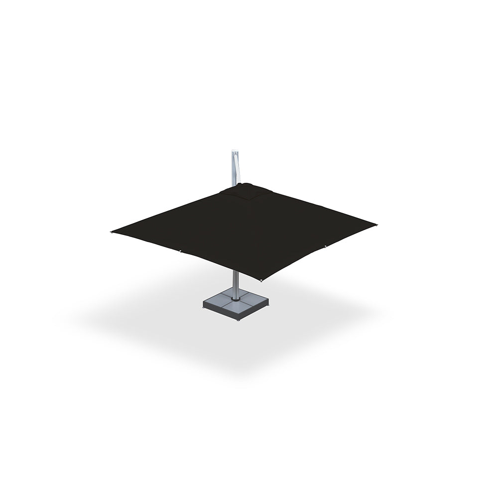Compact 10x10 ft black cantilever shade pod mounted on a steel base with marble weights