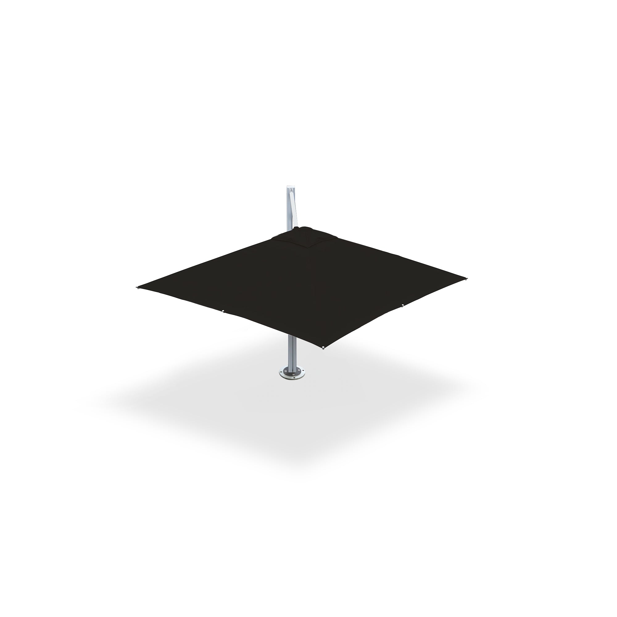 Cantilever shade with 1 pod black dynabolts with a square canopy mounted on a central pole base