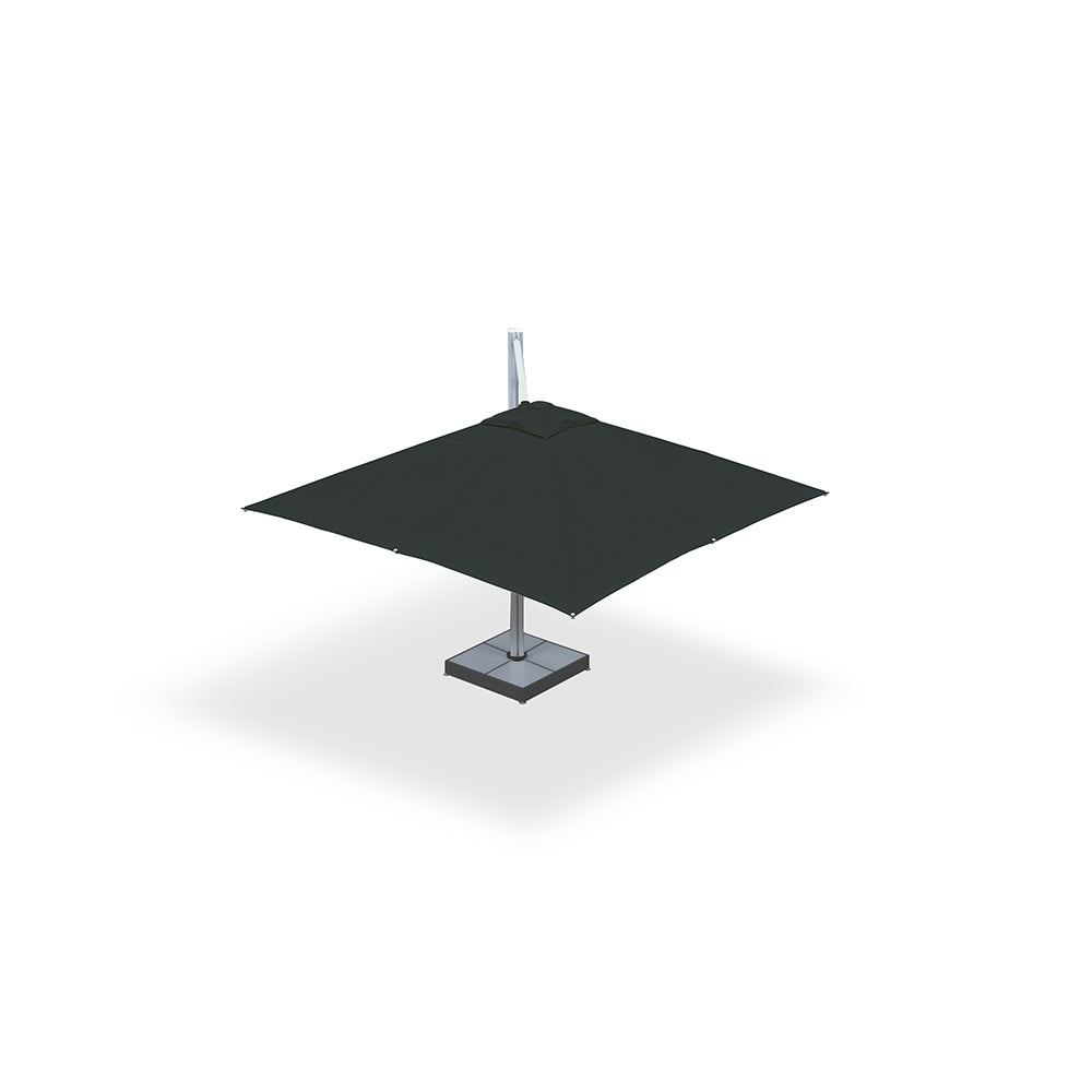 Charcoal 10x10 ft single-pod cantilever umbrella mounted on a steel base with marble weights
