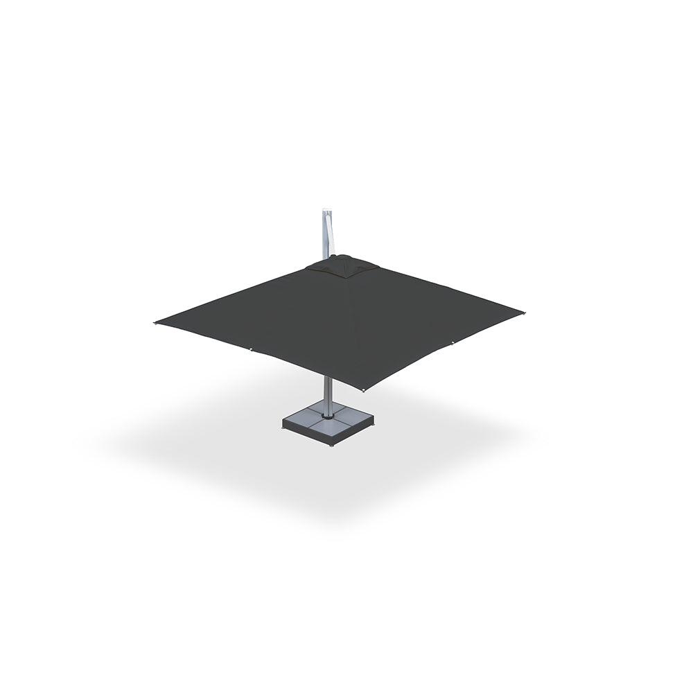 Gray 10x10 ft single-pod cantilever umbrella mounted on a steel base with marble weights
