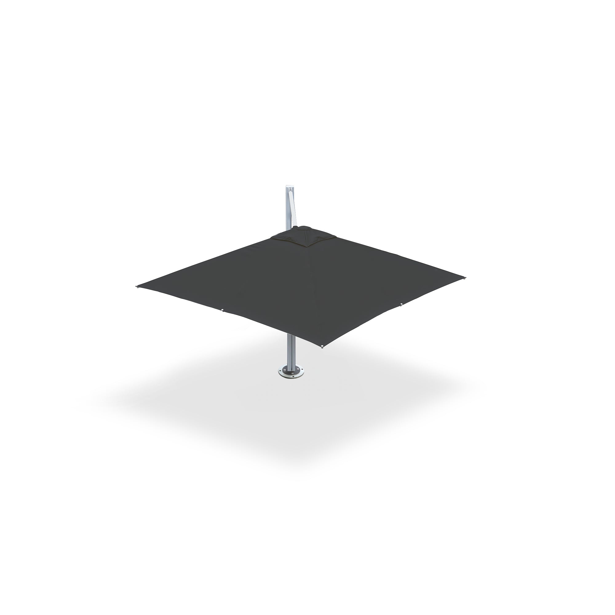 Gray 10x10 ft single-shade cantilever umbrella pod mounted on a base plate with dynabolts