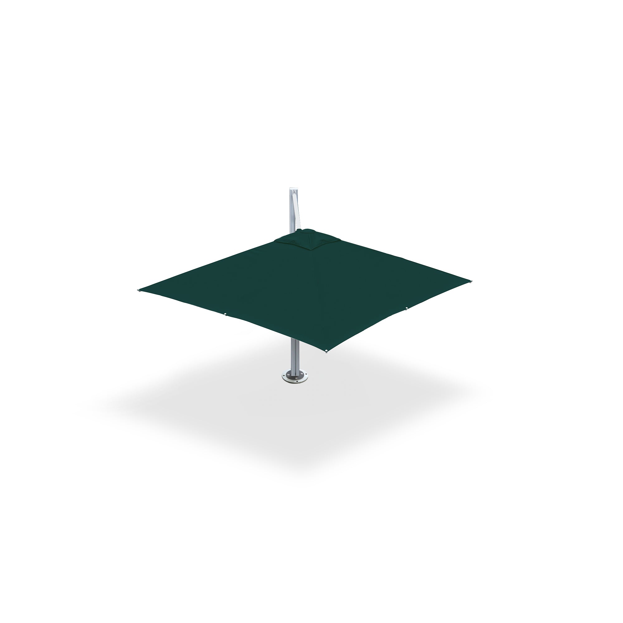 10x10 ft cantilever shade pod in deep green, mounted on a dynabolt base plate