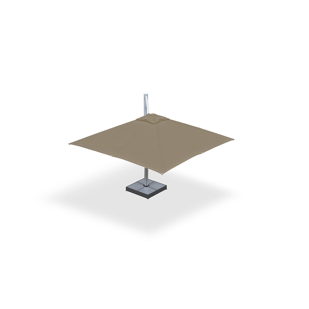 Khaki 10x10 ft single-pod cantilever umbrella mounted on a steel base with marble weights