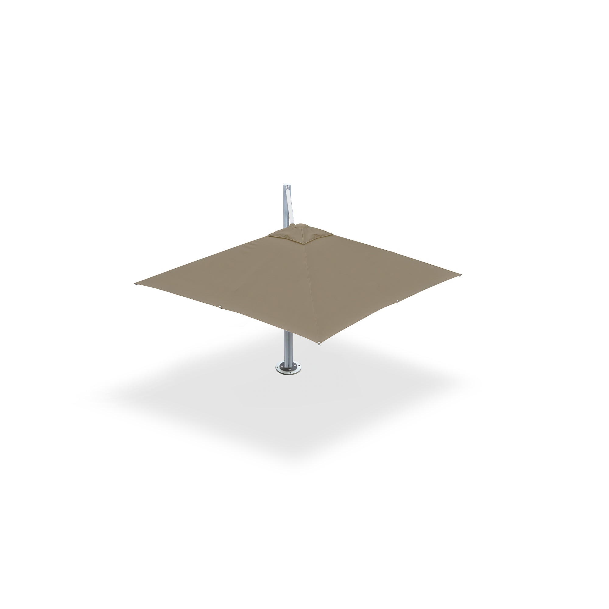 Khaki 10x10 ft single-shade cantilever umbrella pod mounted on a base plate with dynabolts