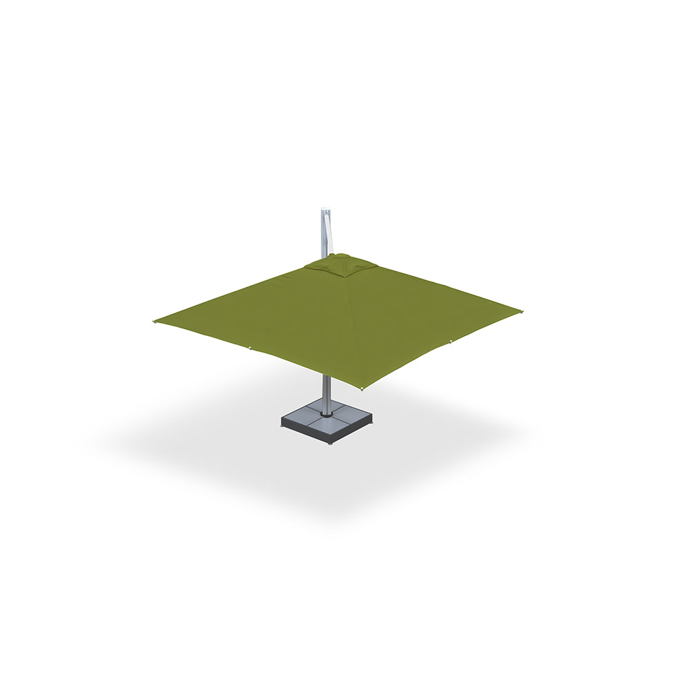 Macaw 10x10 ft single-pod cantilever umbrella mounted on a steel base with marble weights