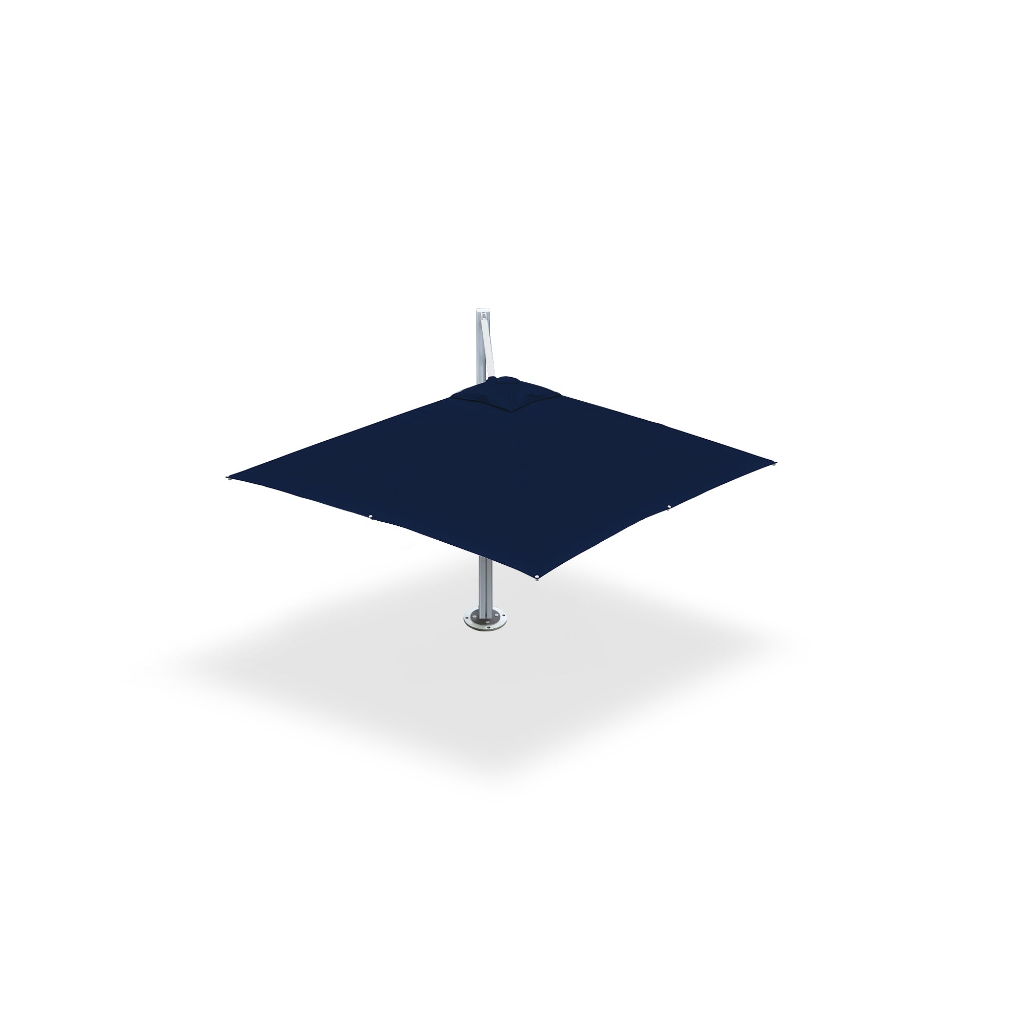 One-pod navy cantilever shade system measuring 10x10 ft, securely attached to a dynabolted base plate