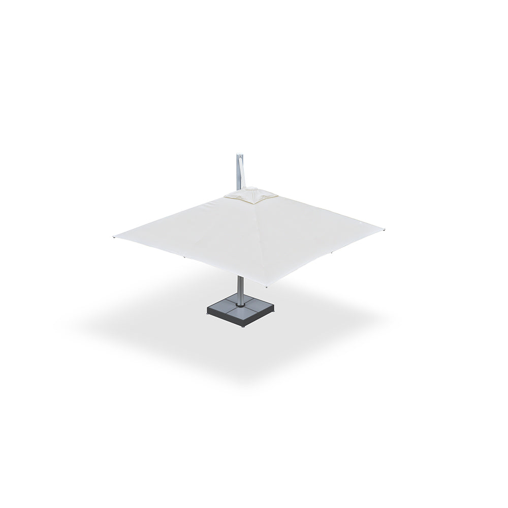 White 10x10 ft single-pod cantilever umbrella mounted on a steel base with marble weights