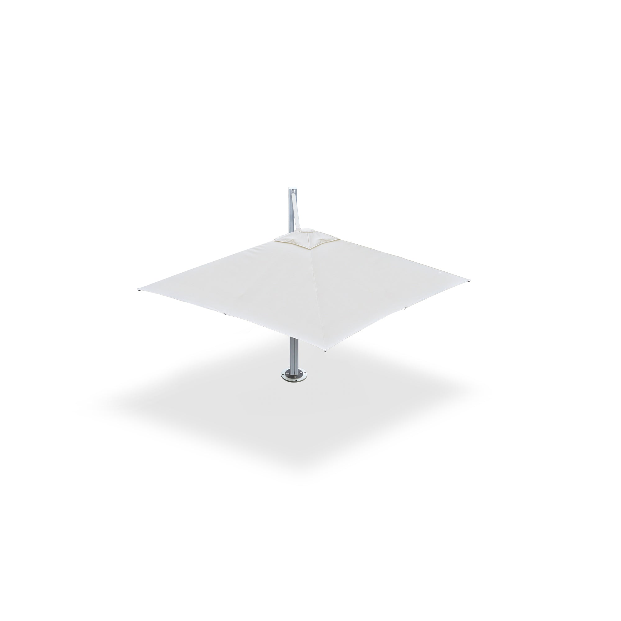 White 10x10 ft single-shade cantilever umbrella pod mounted on a base plate with dynabolts