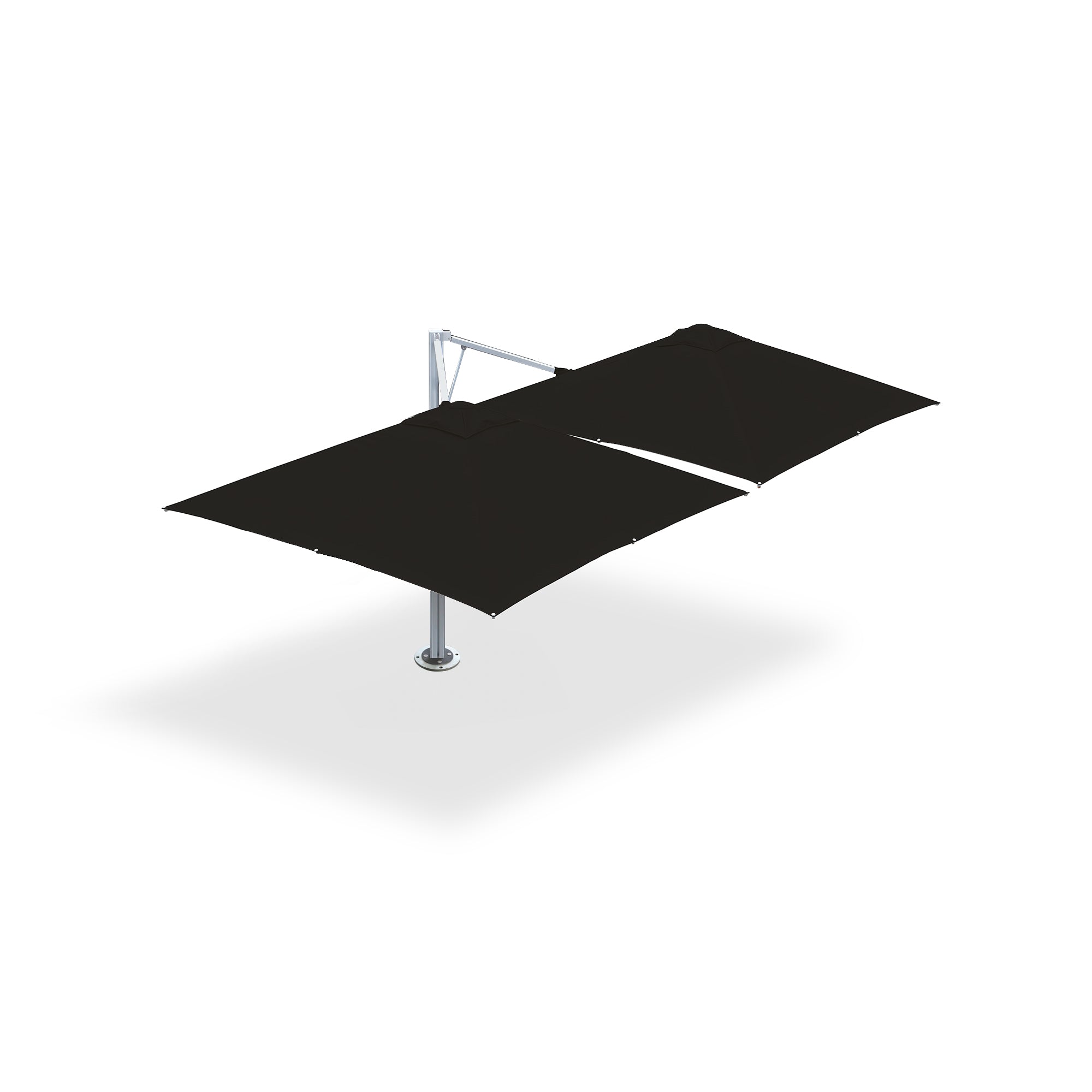 Black 10x10 ft cantilever umbrella 2 pod mounted on a base plate with dynabolts