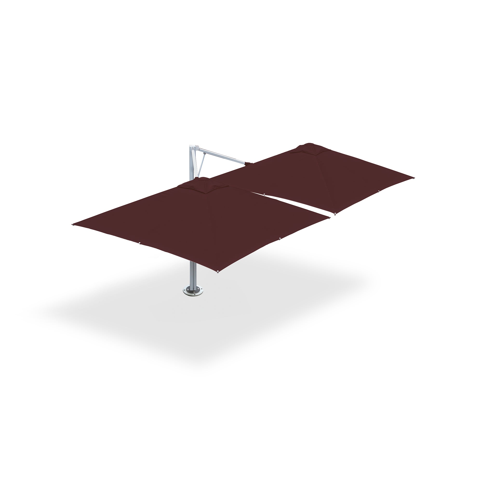10' x 10' Multi Shade custom cantilever umbrella with two burgundy pods and a steel base with dynabolts