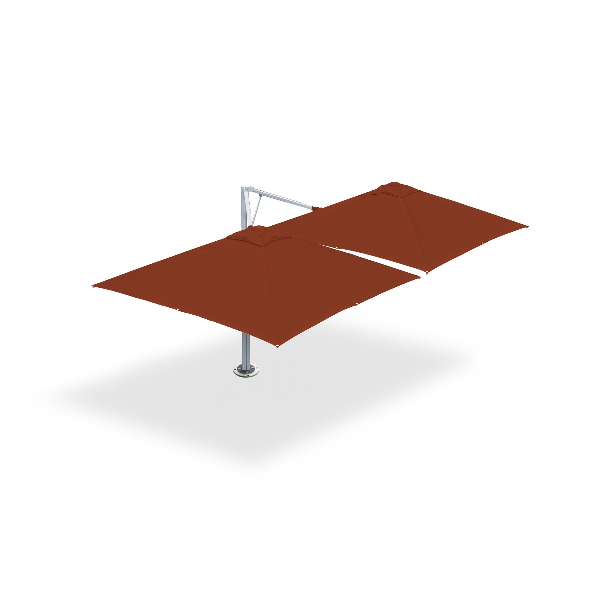10' x 10' Multi Shade custom cantilever umbrella with two rust pods and a steel base with dynabolts