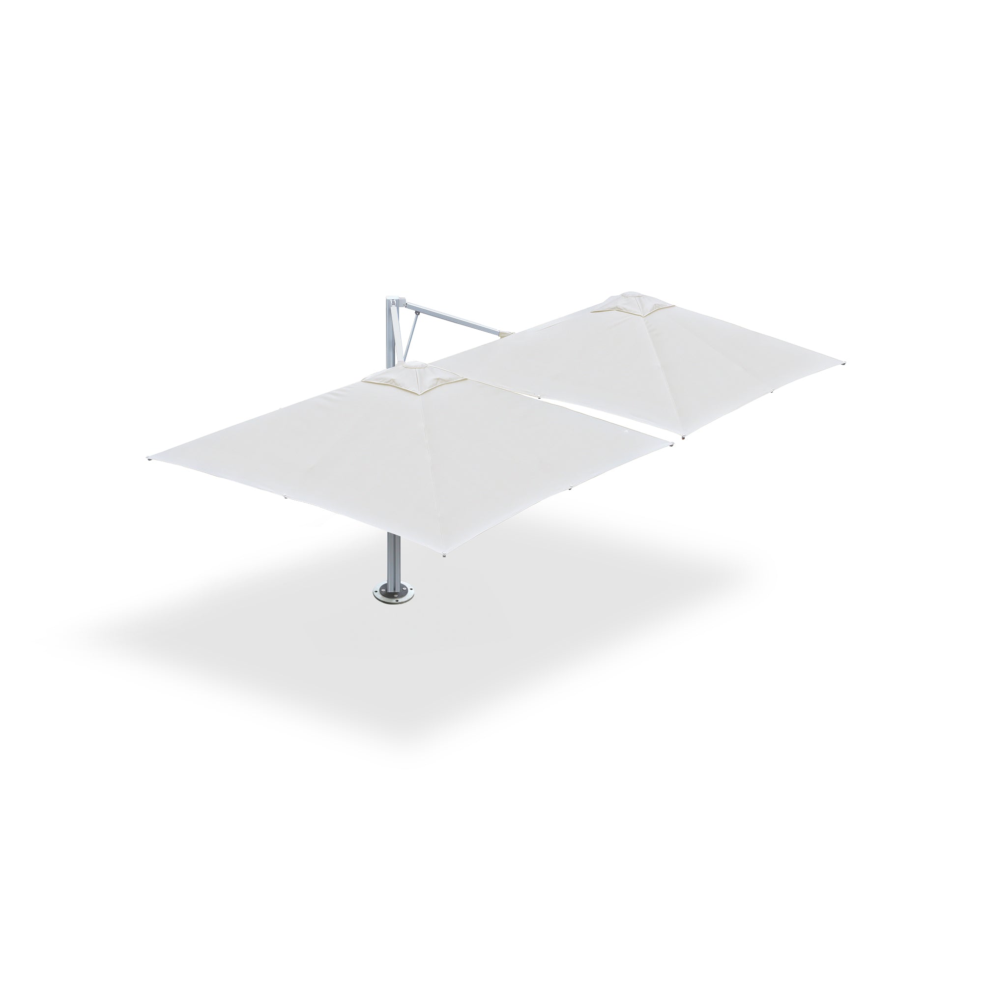 White 10x10 ft cantilever umbrella 2 pod mounted on a base plate with dynabolts
