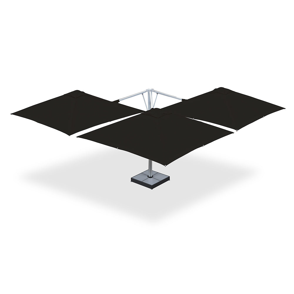 10' x 10' Multi Shade custom cantilever umbrella with three black pods and a base plate with marble weights