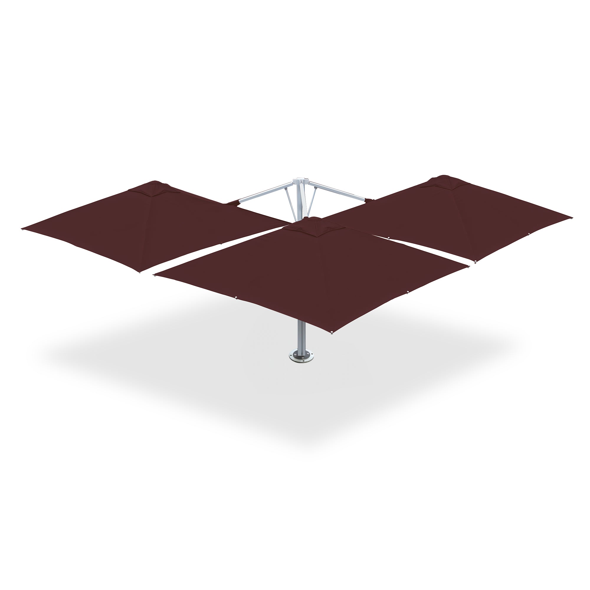 10' x 10' Multi Shade custom cantilever umbrella with three burgundy pods and a base plate with dynabolts