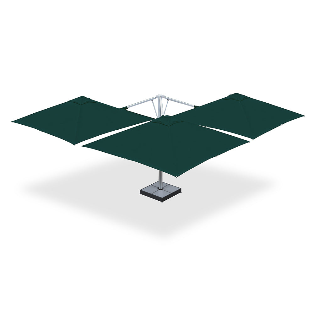 10' x 10' Multi Shade custom cantilever umbrella with three green pods and a base plate with marble weights