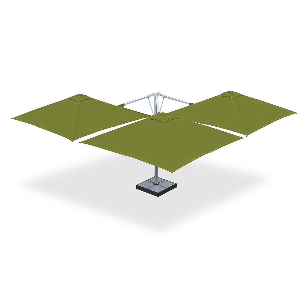 10' x 10' Multi Shade custom cantilever umbrella with three macaw pods and a base plate with marble weights