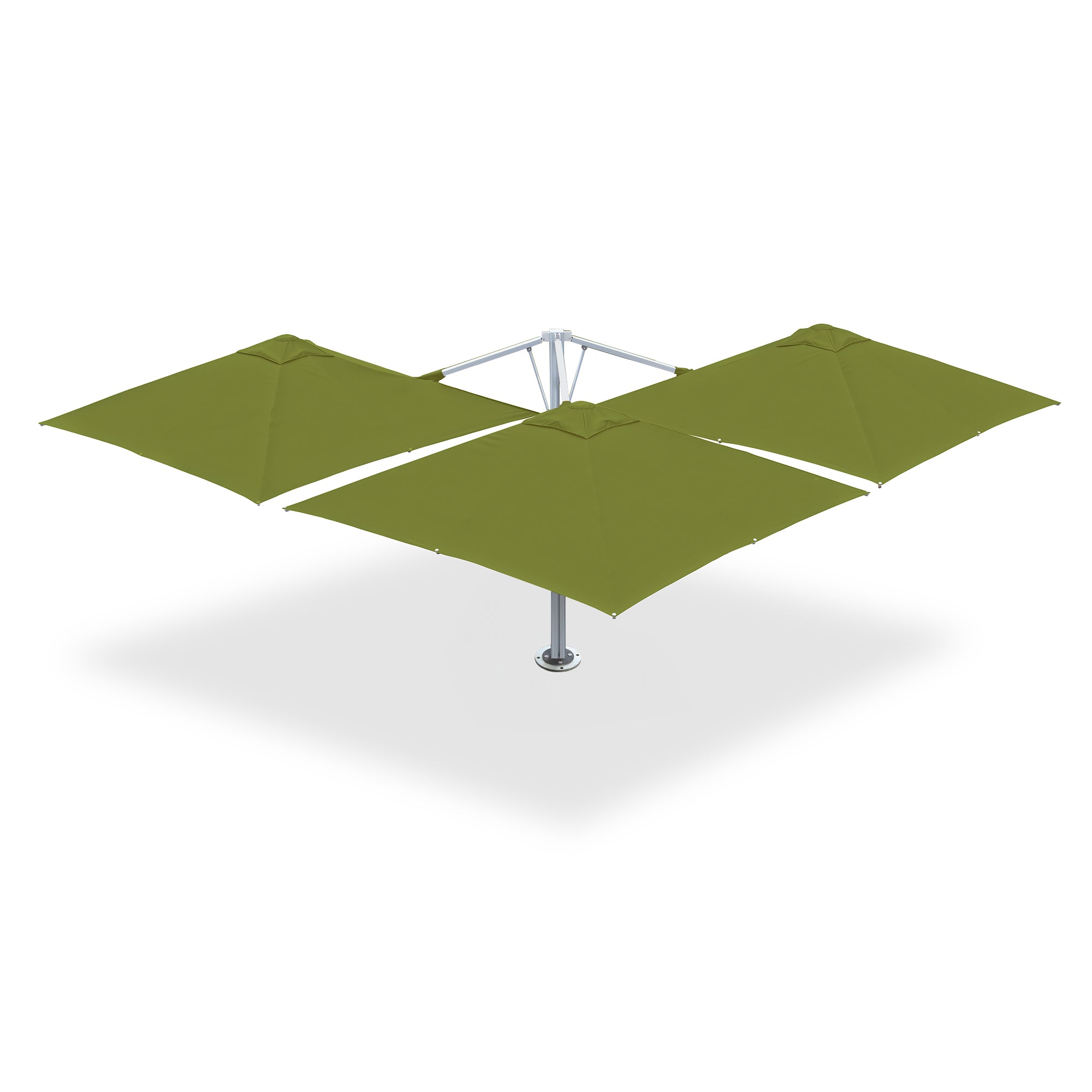 10' x 10' Multi Shade custom cantilever umbrella with three macaw green pods and a base plate with dynabolts