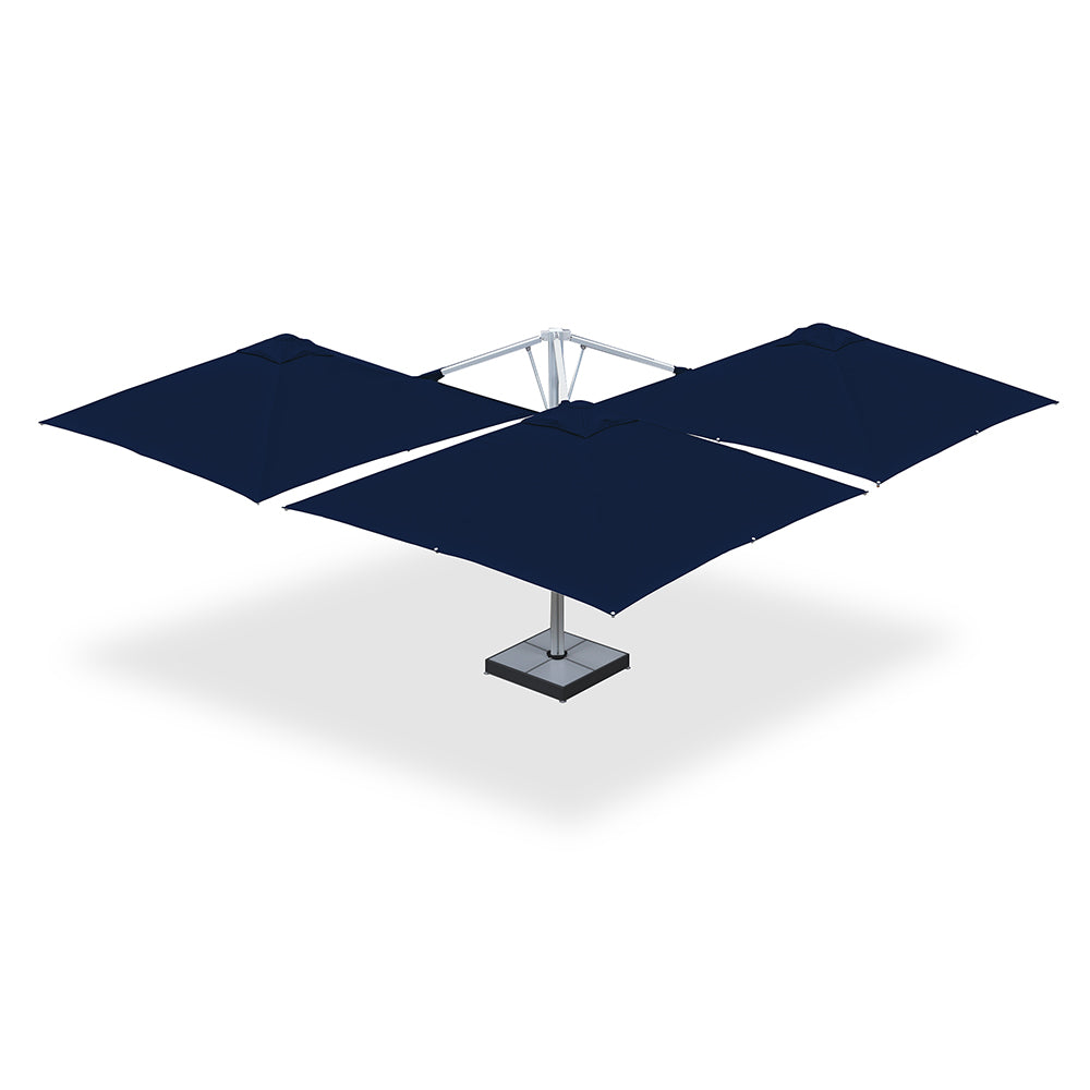 10' x 10' Multi Shade custom cantilever umbrella with three navy pods and a base plate with marble weights