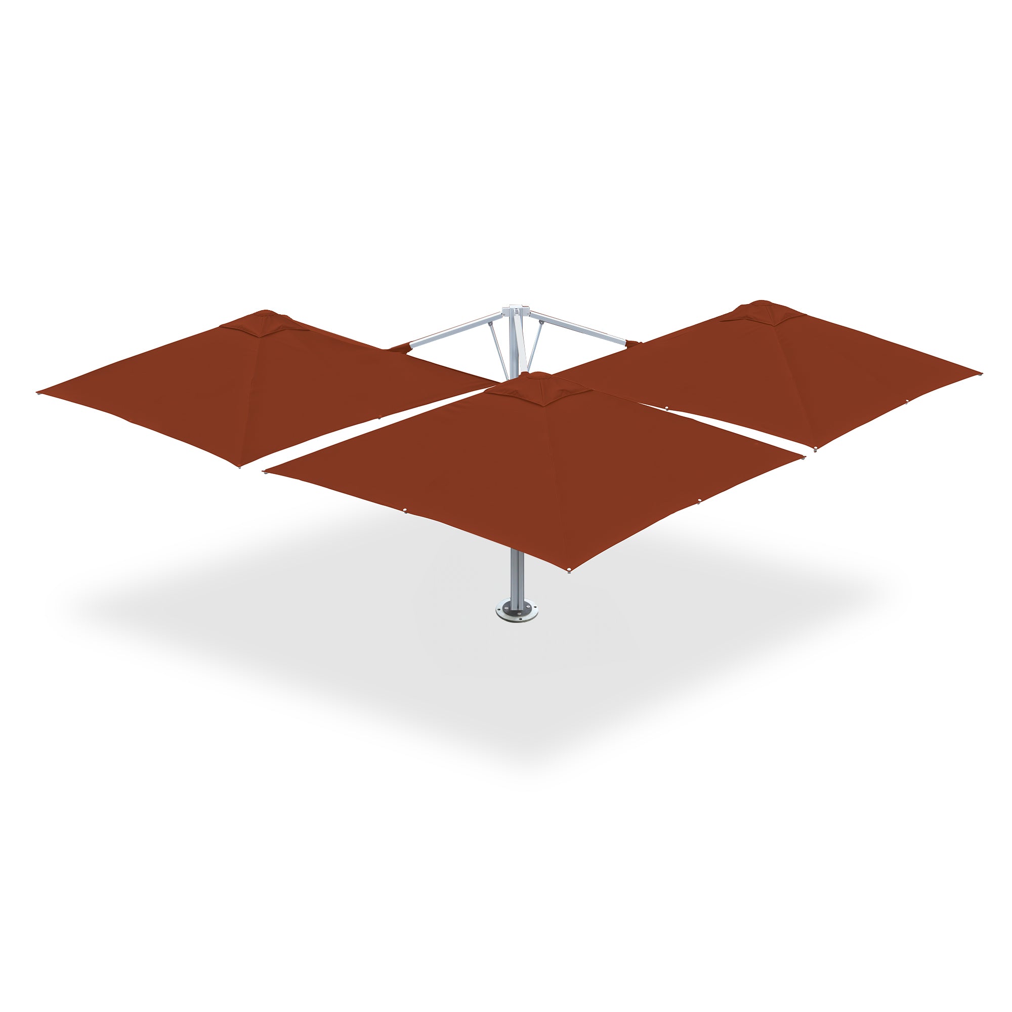 10' x 10' Multi Shade custom cantilever umbrella with three rust pods and a base plate with dynabolts