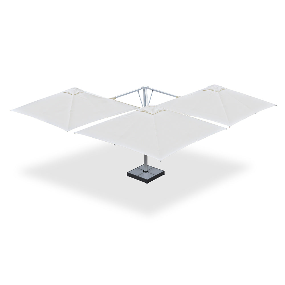 10' x 10' Multi Shade custom cantilever umbrella with three white pods and a base plate with marble weights