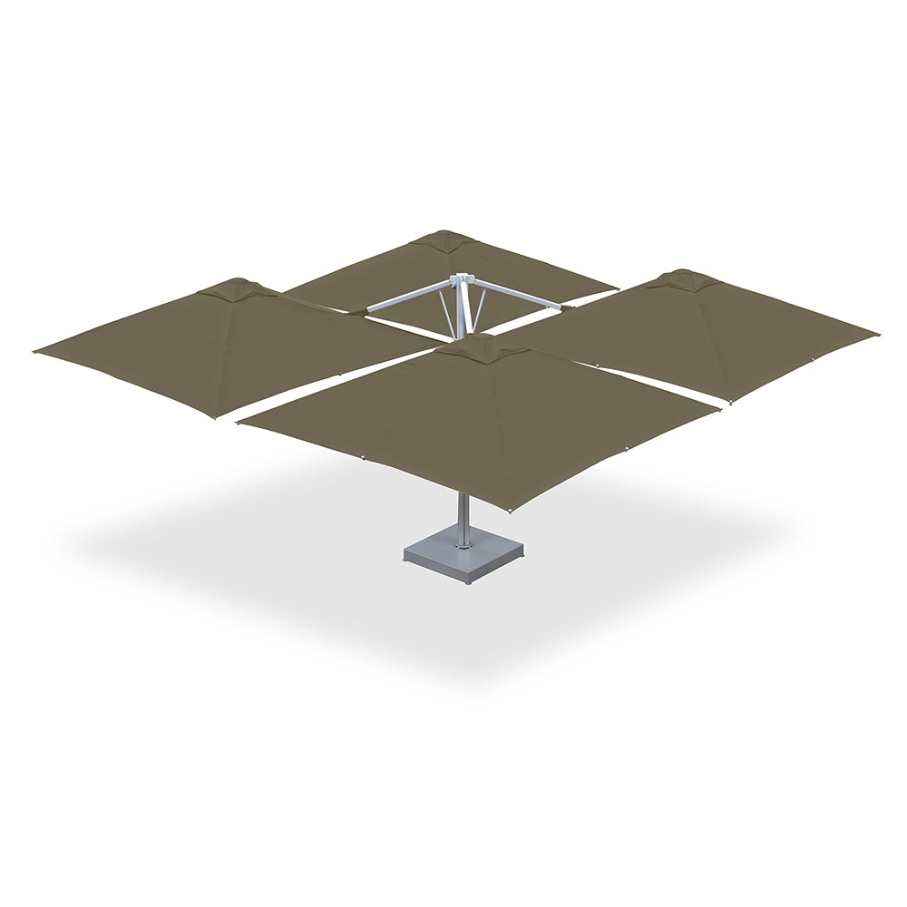 10' x 10' Multi Shade custom cantilever umbrella with four beige pods mounted on a steel base with marble weights