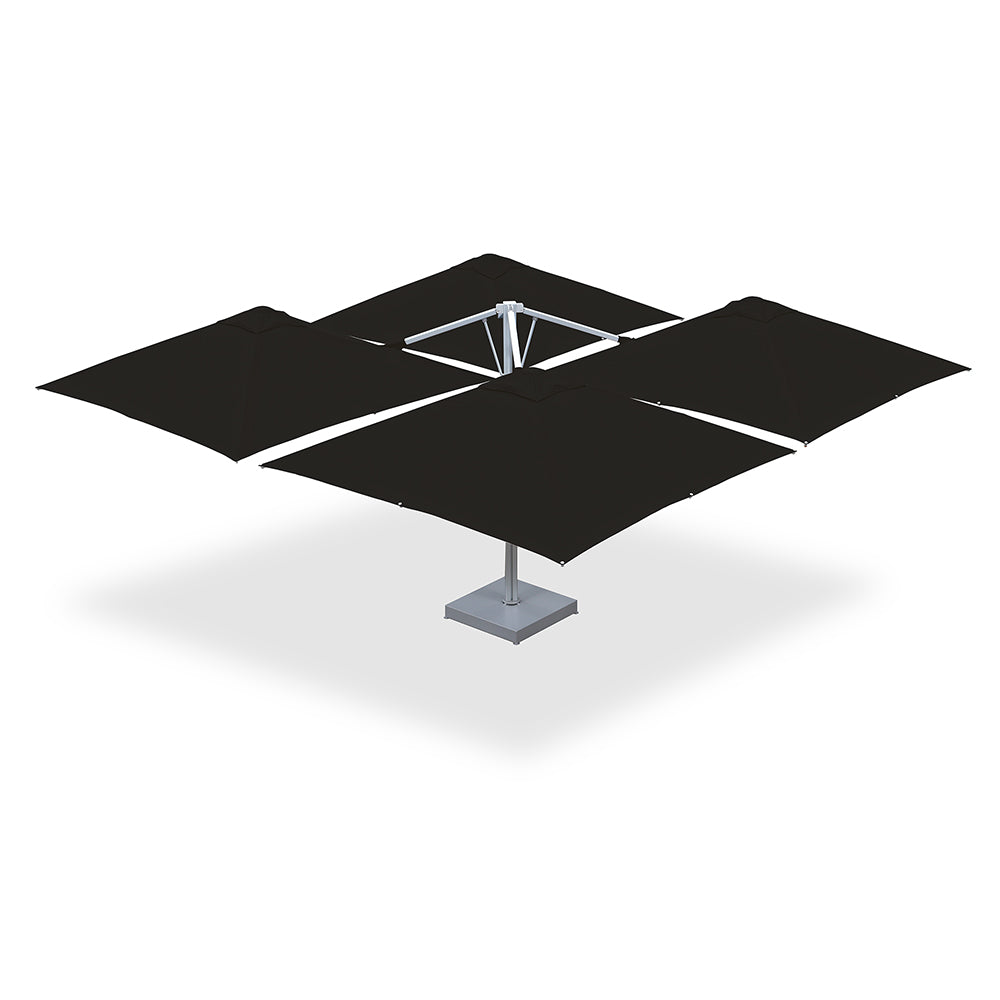 10' x 10' Multi Shade custom cantilever umbrella with four back pods mounted on a steel base with marble weights