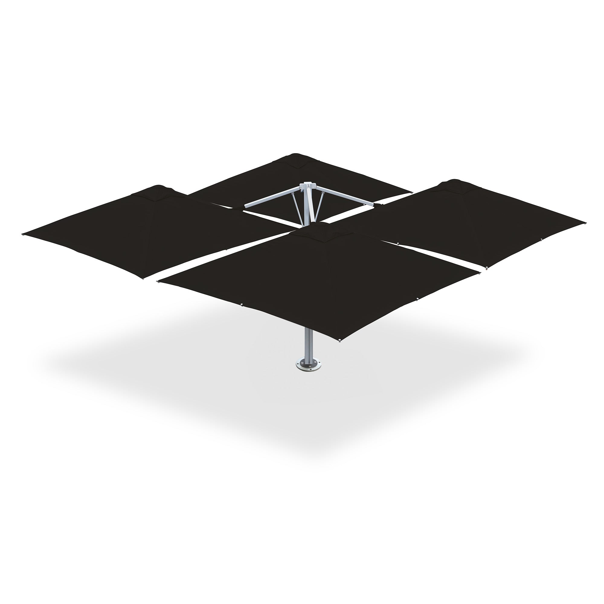 10' x 10' Multi Shade custom cantilever umbrella with four black pods mounted on a base plate with dynabolts.