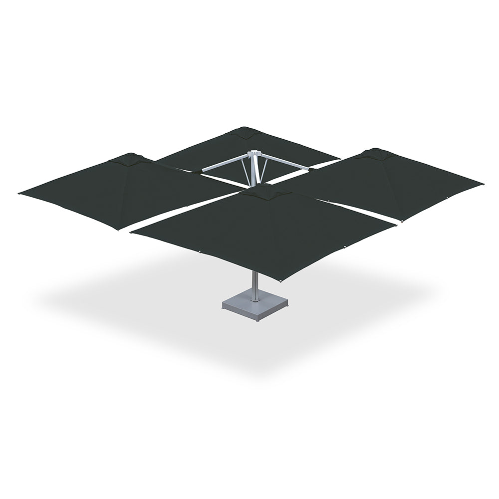 10' x 10' Multi Shade custom cantilever umbrella with four charcoal pods mounted on a steel base with marble weights