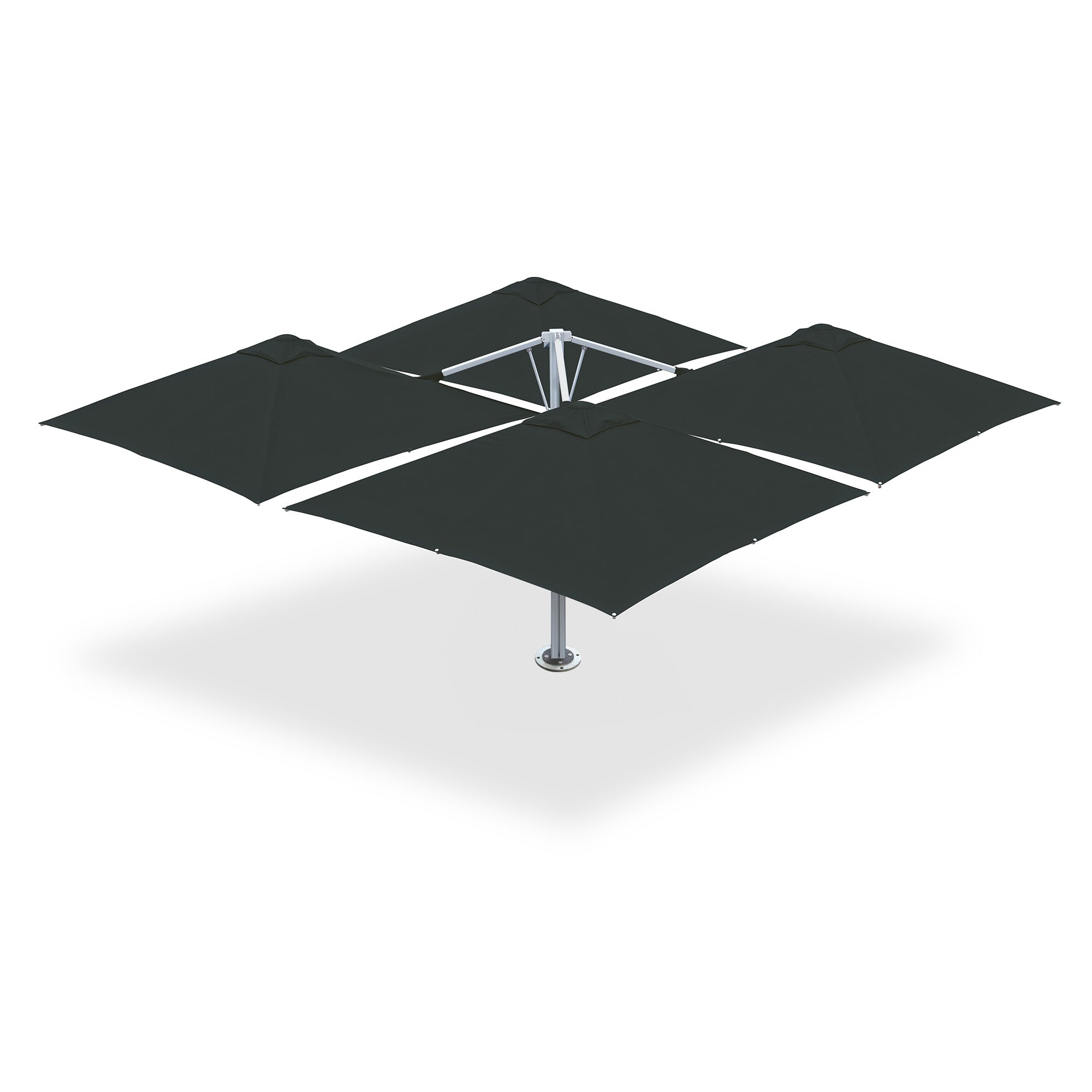 10' x 10' Multi Shade custom cantilever umbrella with four charcoal pods mounted on a base plate with dynabolts.