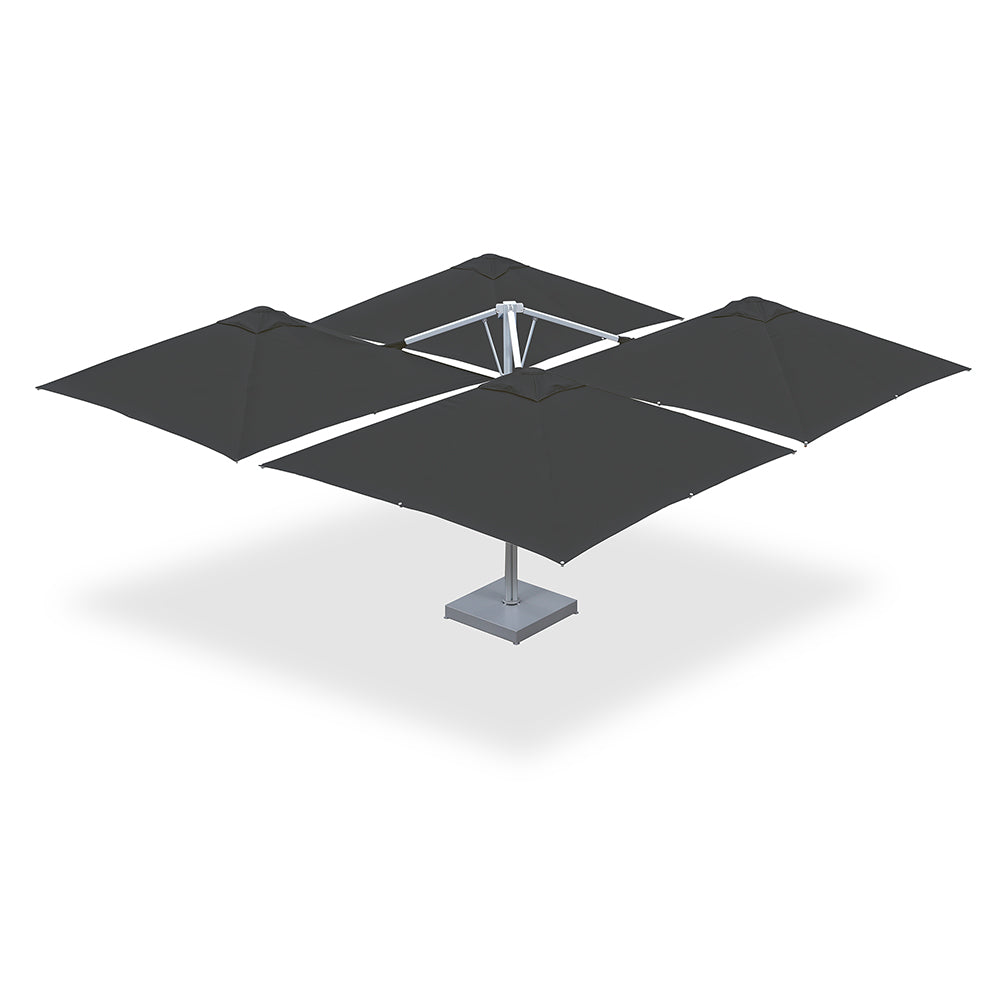 10' x 10' Multi Shade custom cantilever umbrella with four gray pods mounted on a steel base with marble weights