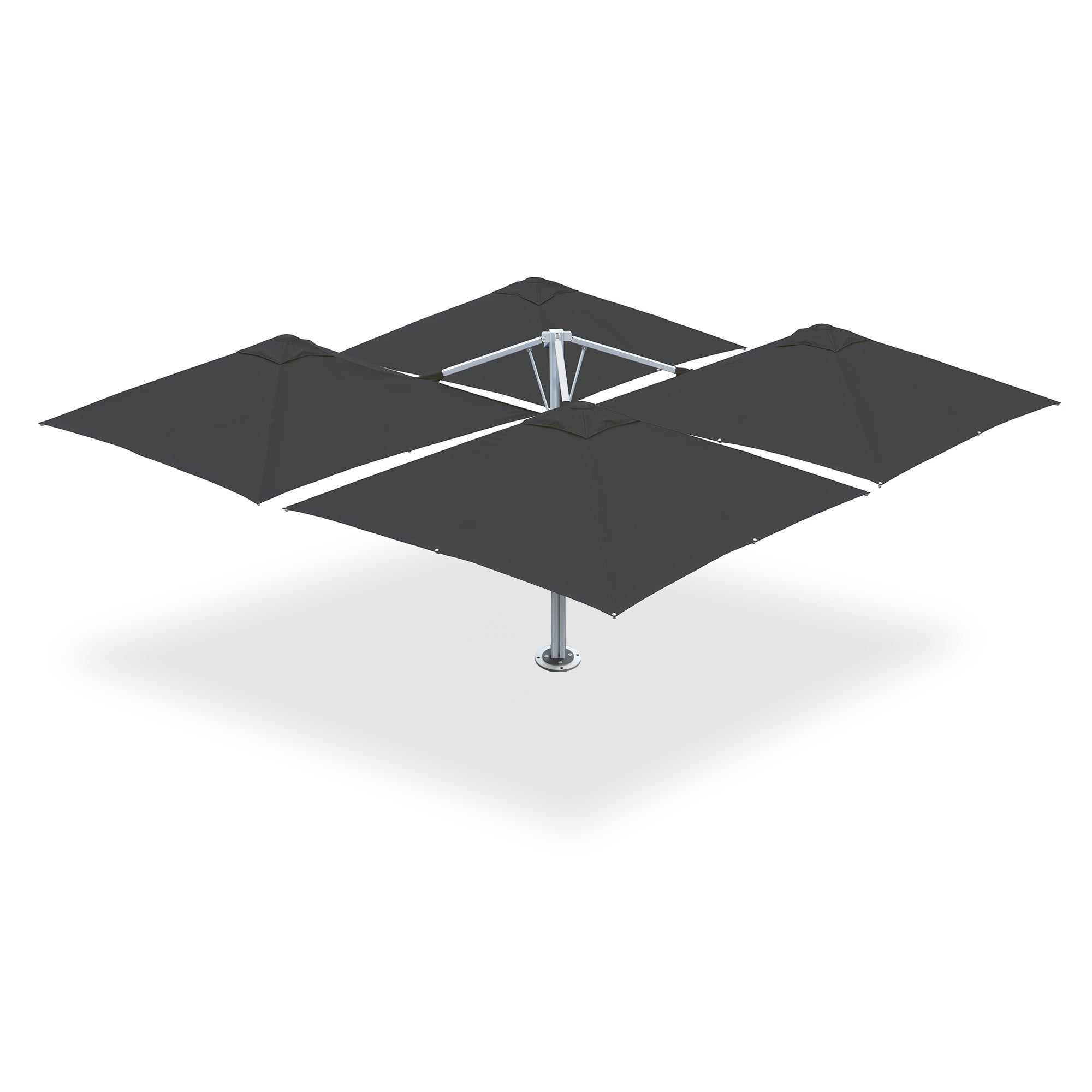 10' x 10' Multi Shade custom cantilever umbrella with four gray pods mounted on a base plate with dynabolts.