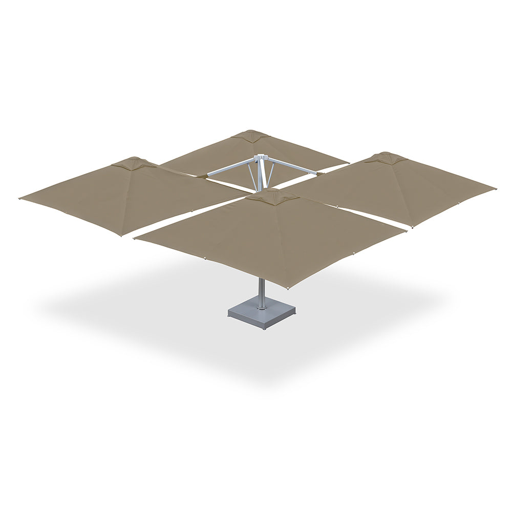 10' x 10' Multi Shade custom cantilever umbrella with four khaki pods mounted on a steel base with marble weights