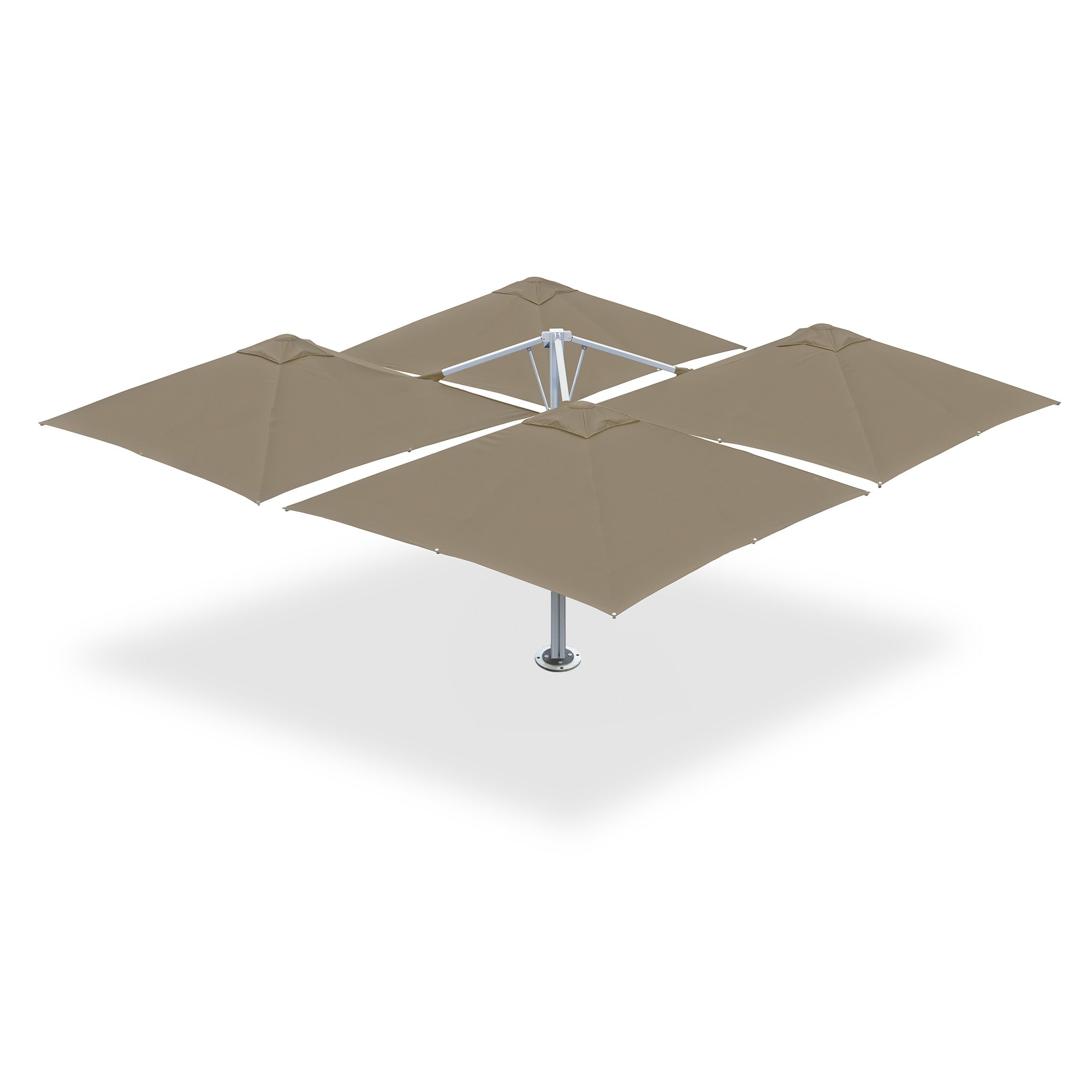 10' x 10' Multi Shade custom cantilever umbrella with four khaki pods mounted on a base plate with dynabolts.