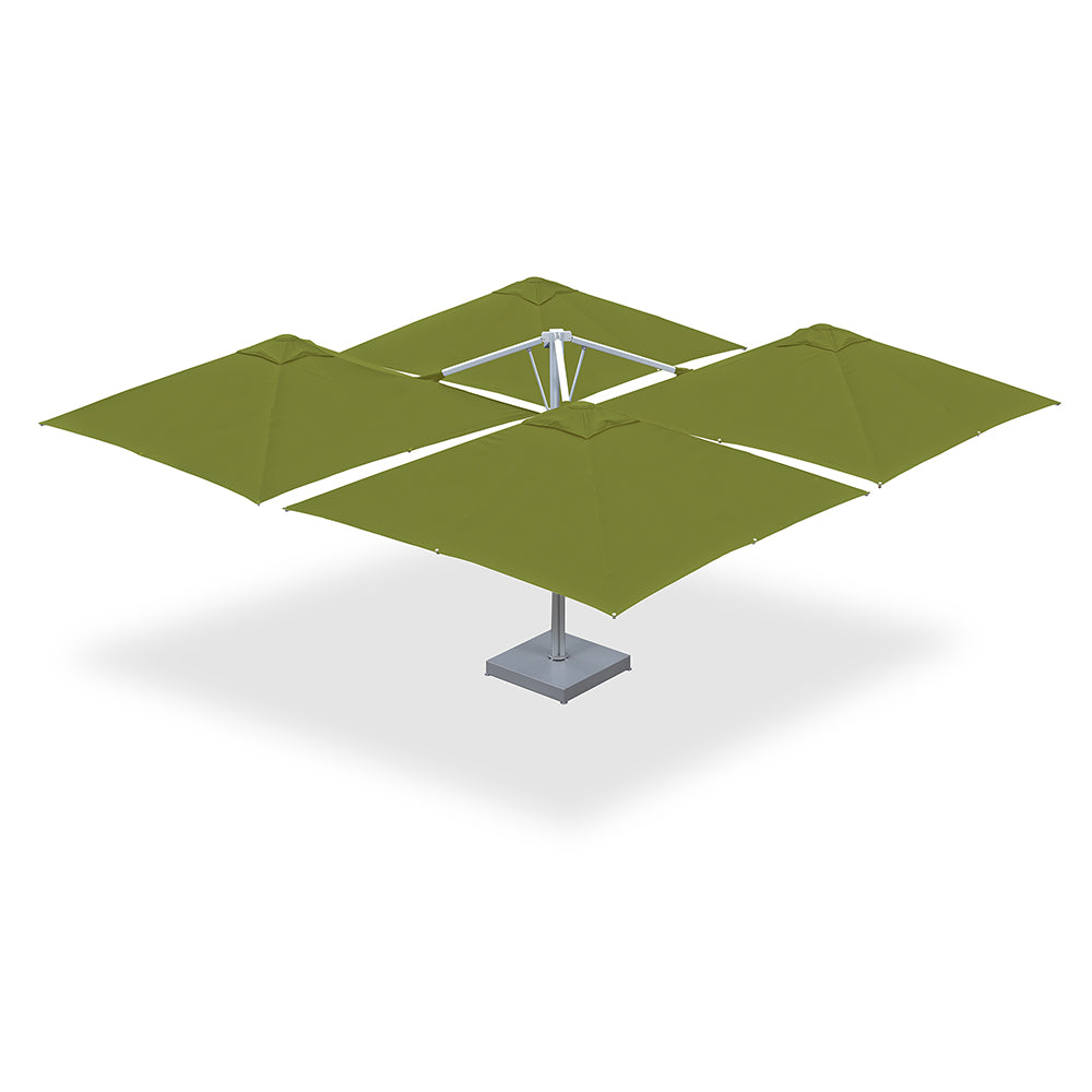 10' x 10' Multi Shade custom cantilever umbrella with four macaw pods mounted on a steel base with marble weights