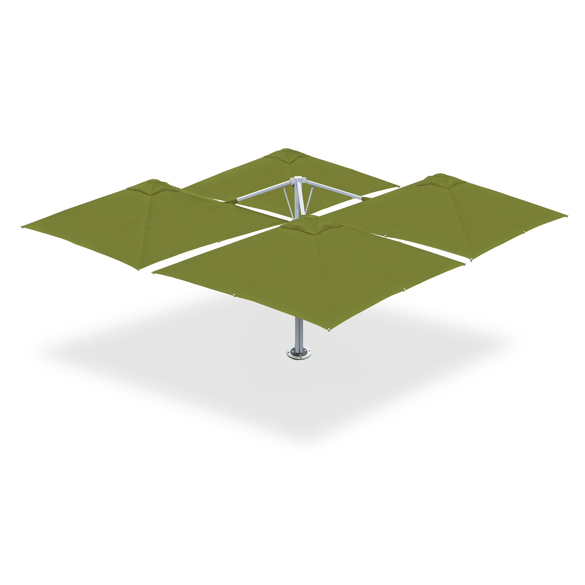 10' x 10' Multi Shade custom cantilever umbrella with four macaw pods mounted on a base plate with dynabolts.