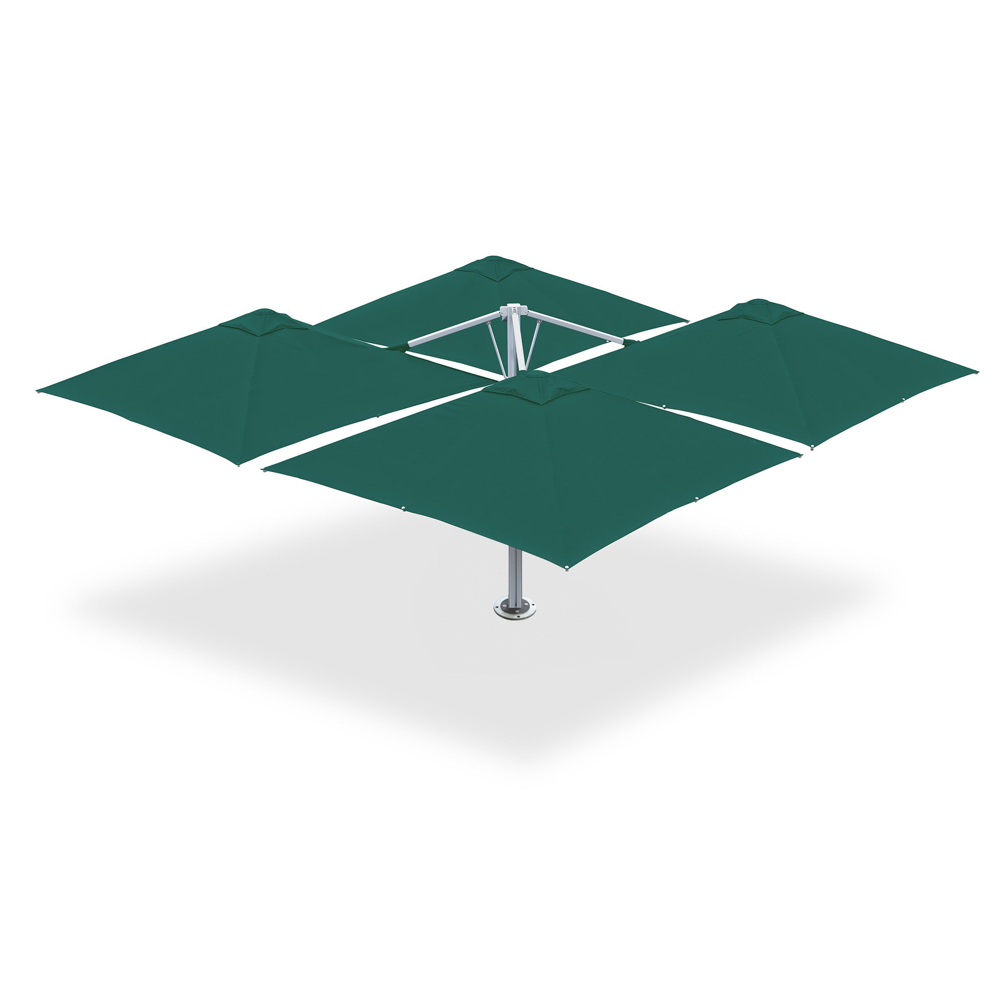 10' x 10' Multi Shade custom cantilever umbrella with four teal pods mounted on a base plate with dynabolts.