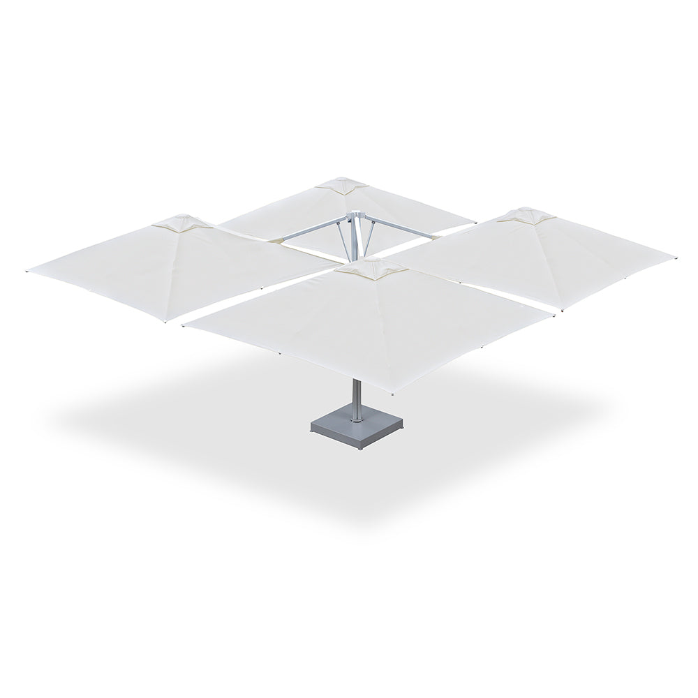 10' x 10' Multi Shade custom cantilever umbrella with four white pods mounted on a steel base with marble weights