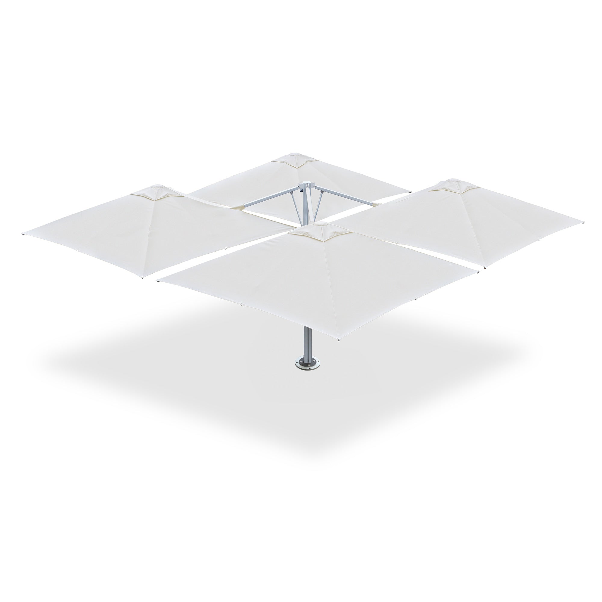 10' x 10' Multi Shade custom cantilever umbrella with four white pods mounted on a base plate with dynabolts.