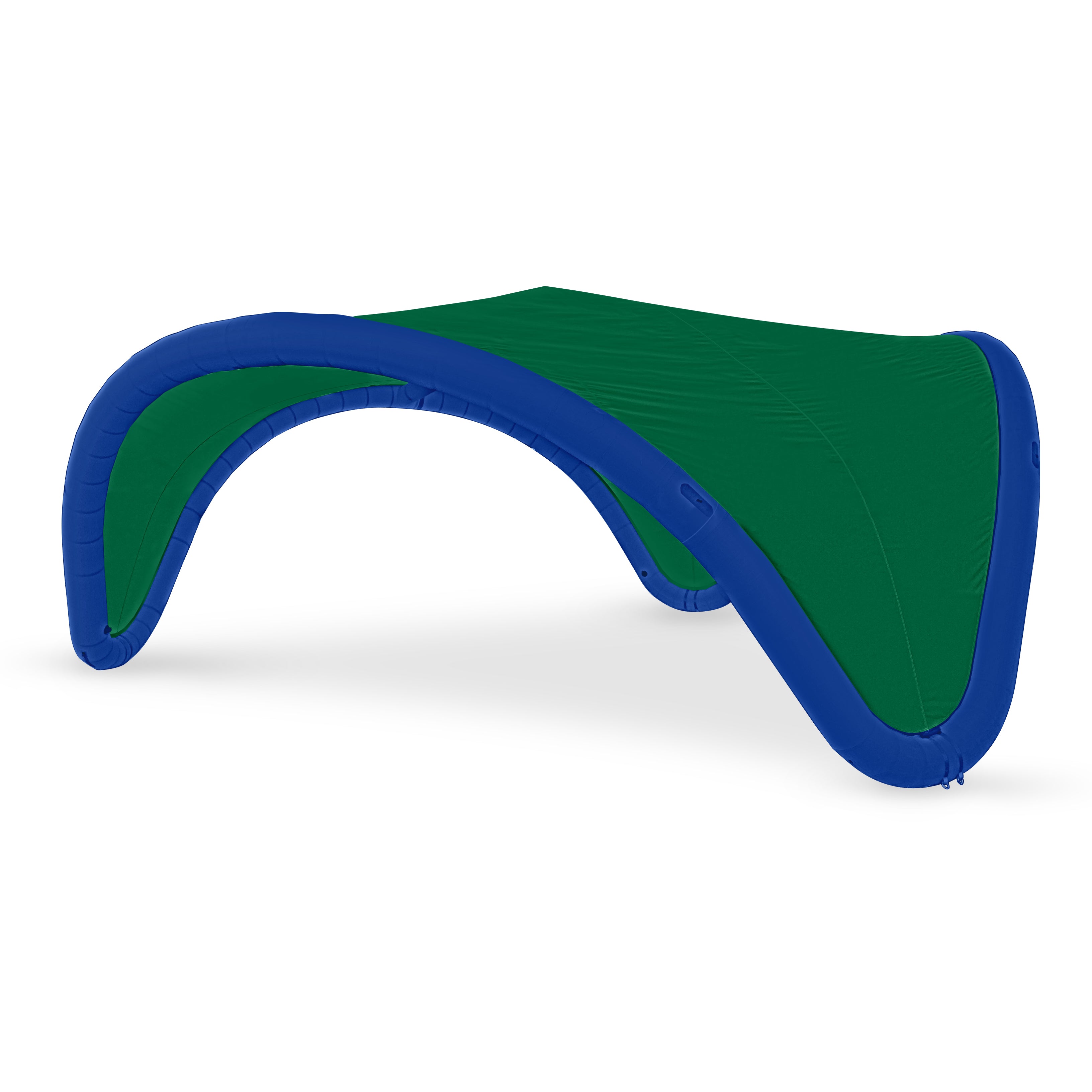 22' Omega inflatable canopy with blue curved frame and green fabric cover by Extreme Canopy
