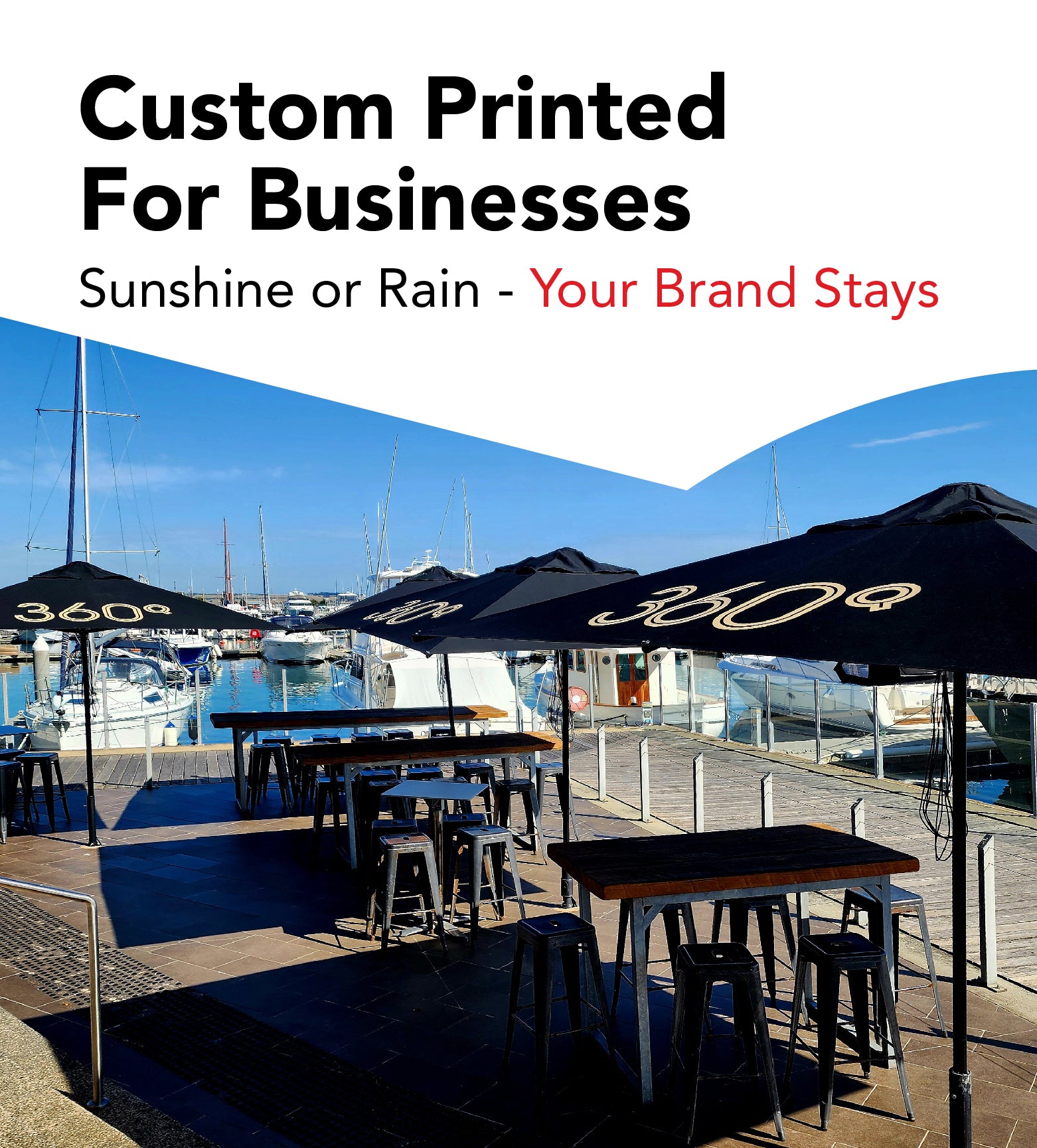 Custom Printed Patio Umbrellas Set up at Outdoor Cafe