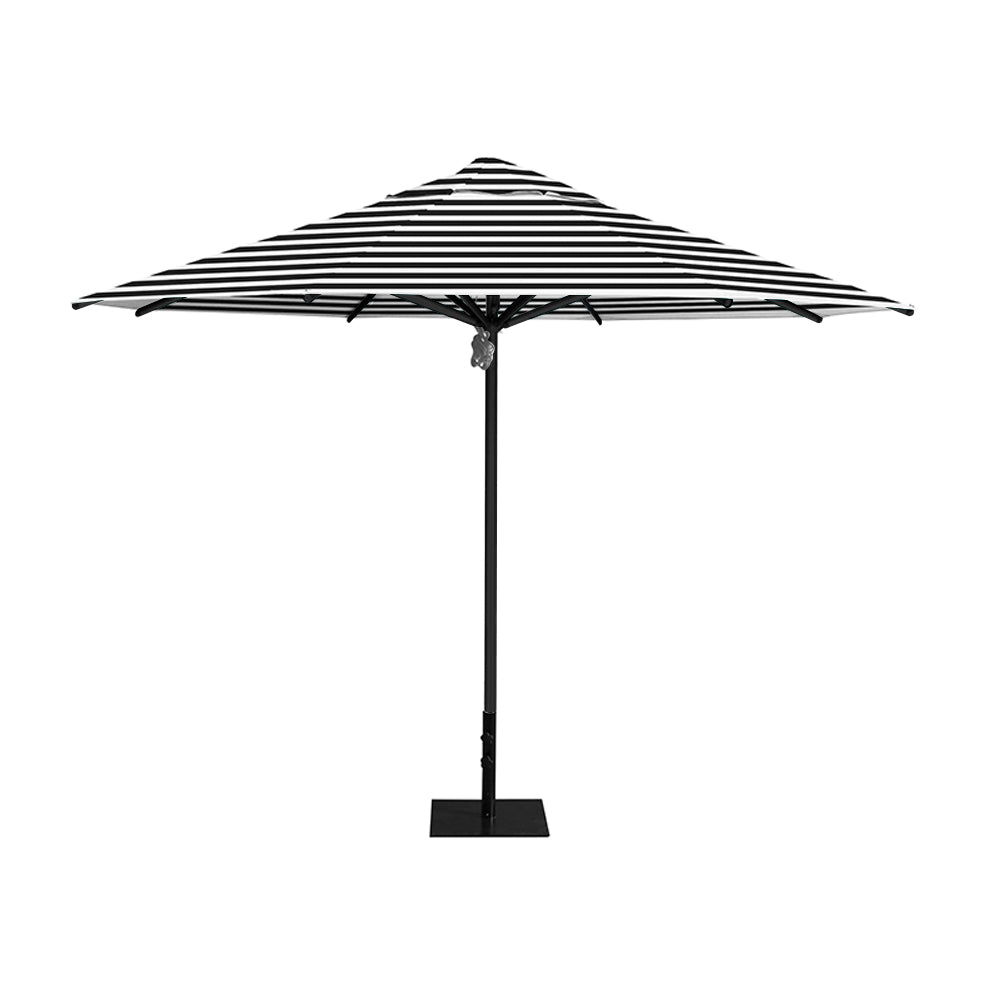 11' Saville octagonal umbrella by Extreme Canopy with black stripe canopy, black frame, and 50lb steel base