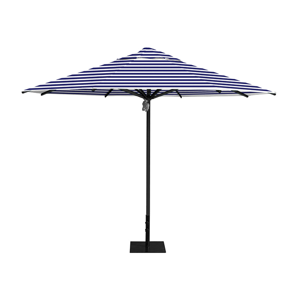 11' Saville octagonal umbrella by Extreme Canopy with blue stripe canopy, black frame, and 26lb steel base