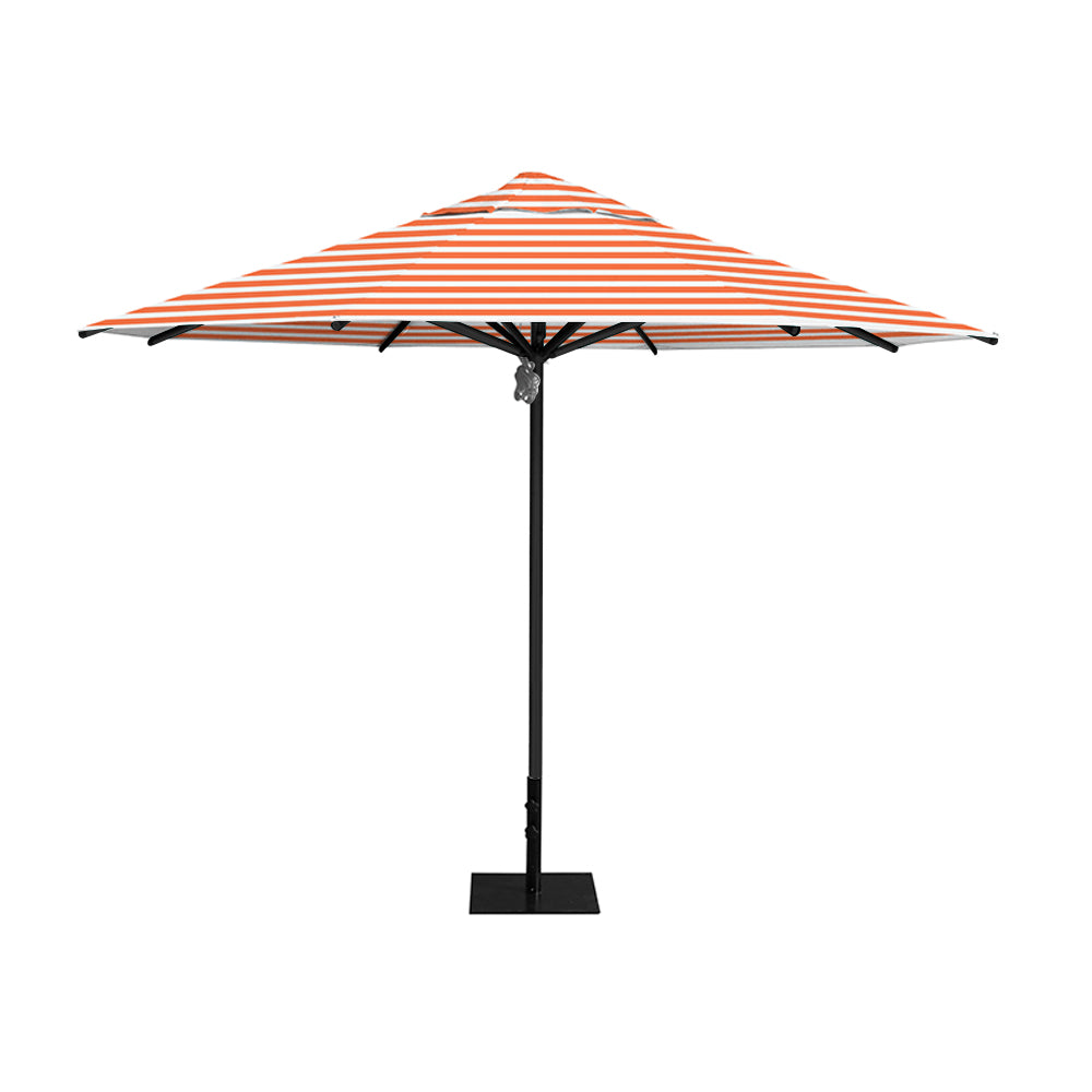 11' Saville octagonal umbrella by Extreme Canopy with orange stripe canopy, black frame, and 26lb steel base