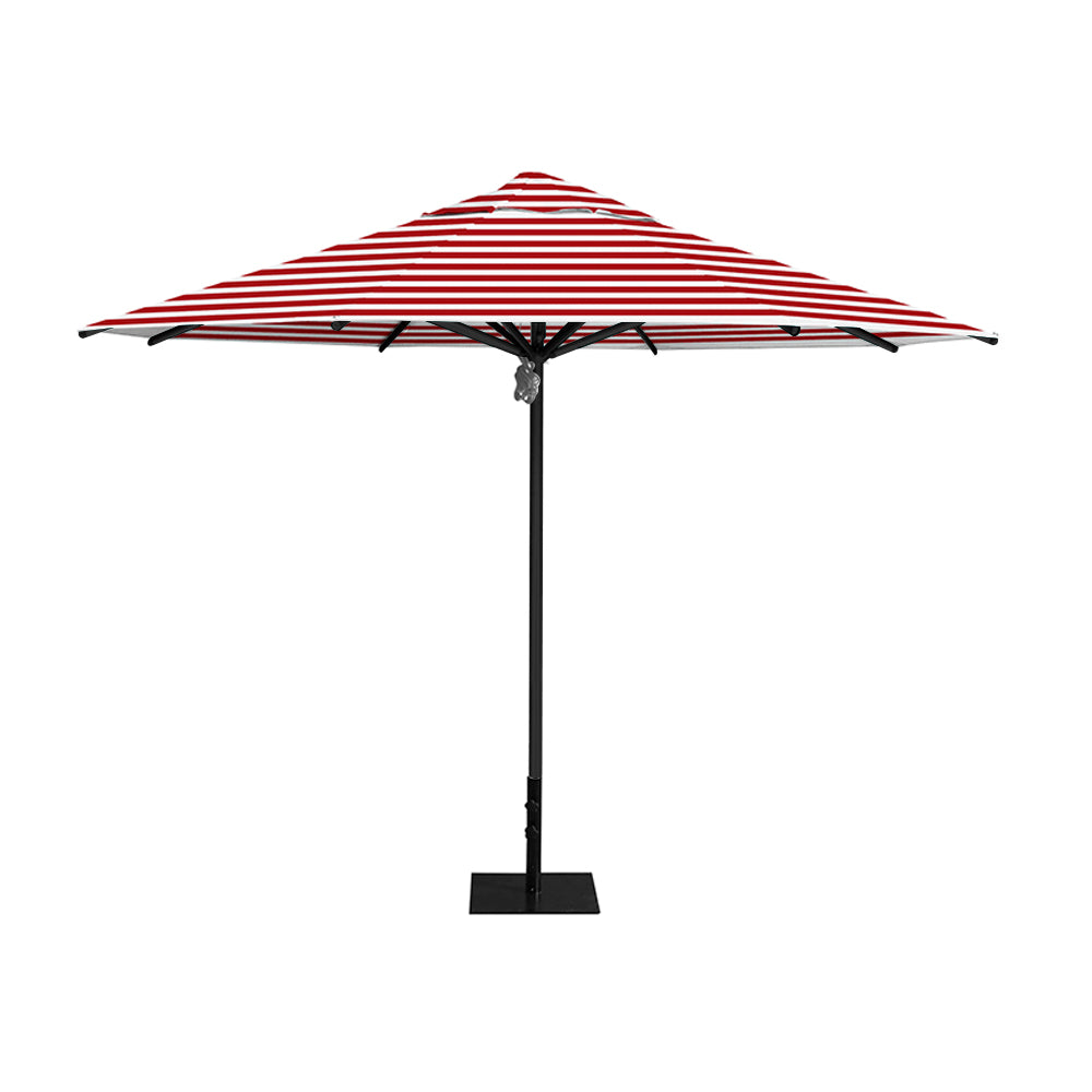 11' Saville octagonal umbrella by Extreme Canopy with red stripe canopy, black frame, and 26lb steel base