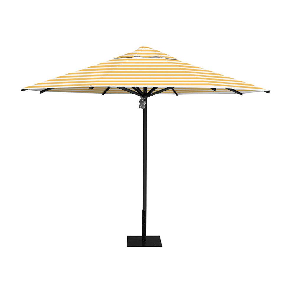 11' Saville octagonal umbrella by Extreme Canopy with sunflower stripe canopy, black frame, and 26lb steel base