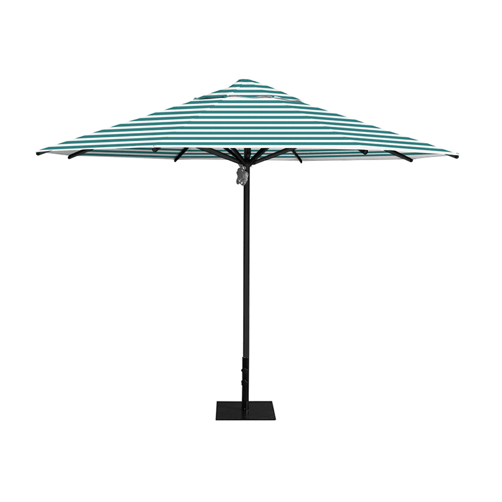 11' Saville octagonal umbrella by Extreme Canopy with turquiose stripe canopy, black frame, and 26lb steel base
