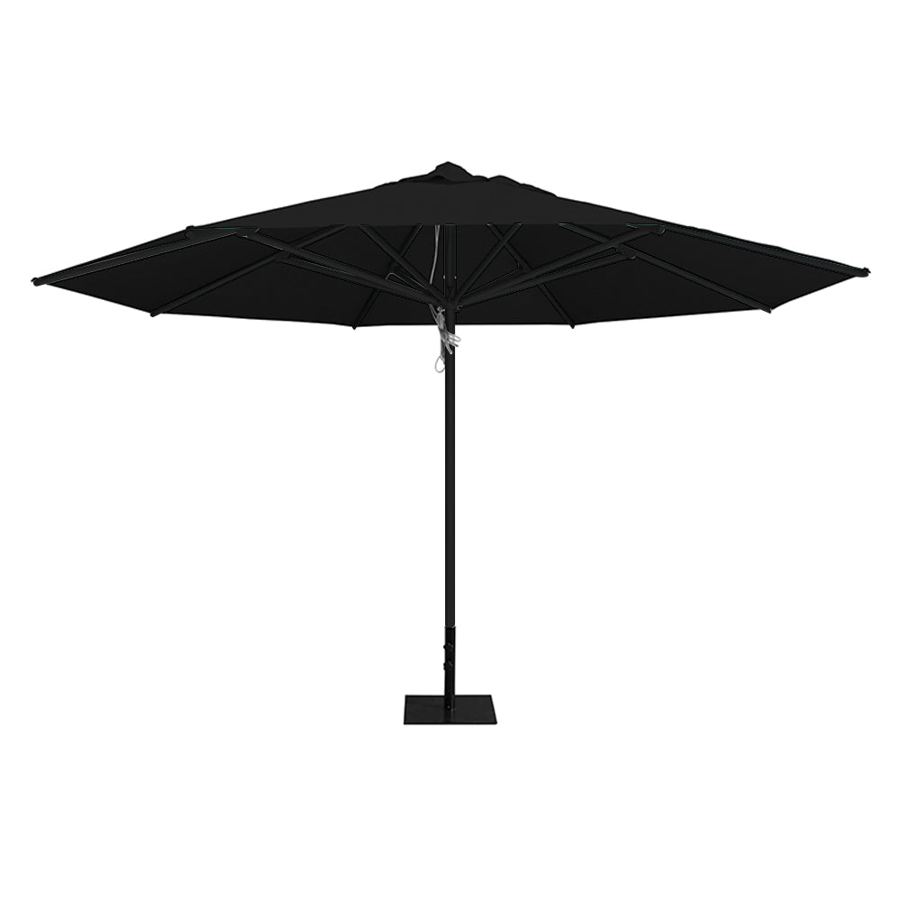 Black 13' saville octagonal outdoor umbrella featuring a black frame and 26lb steel base by Extreme Canopy